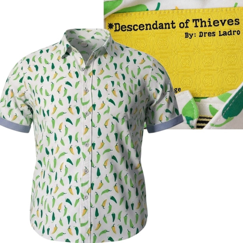 Descendant of Thieves Button Down Mens Large White Green Chili Pepper Jalapeno